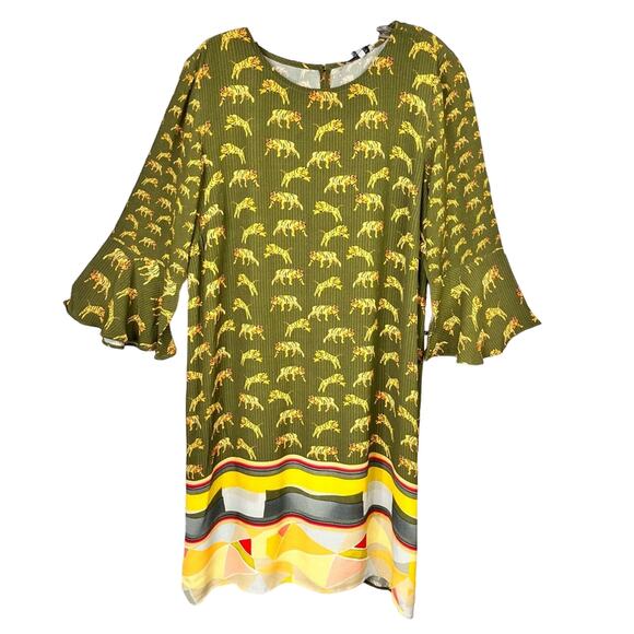 Anthropologie Conditions Apply Olive Green Tiger Print Ruffle Sleeve Dress - Picture 1 of 15